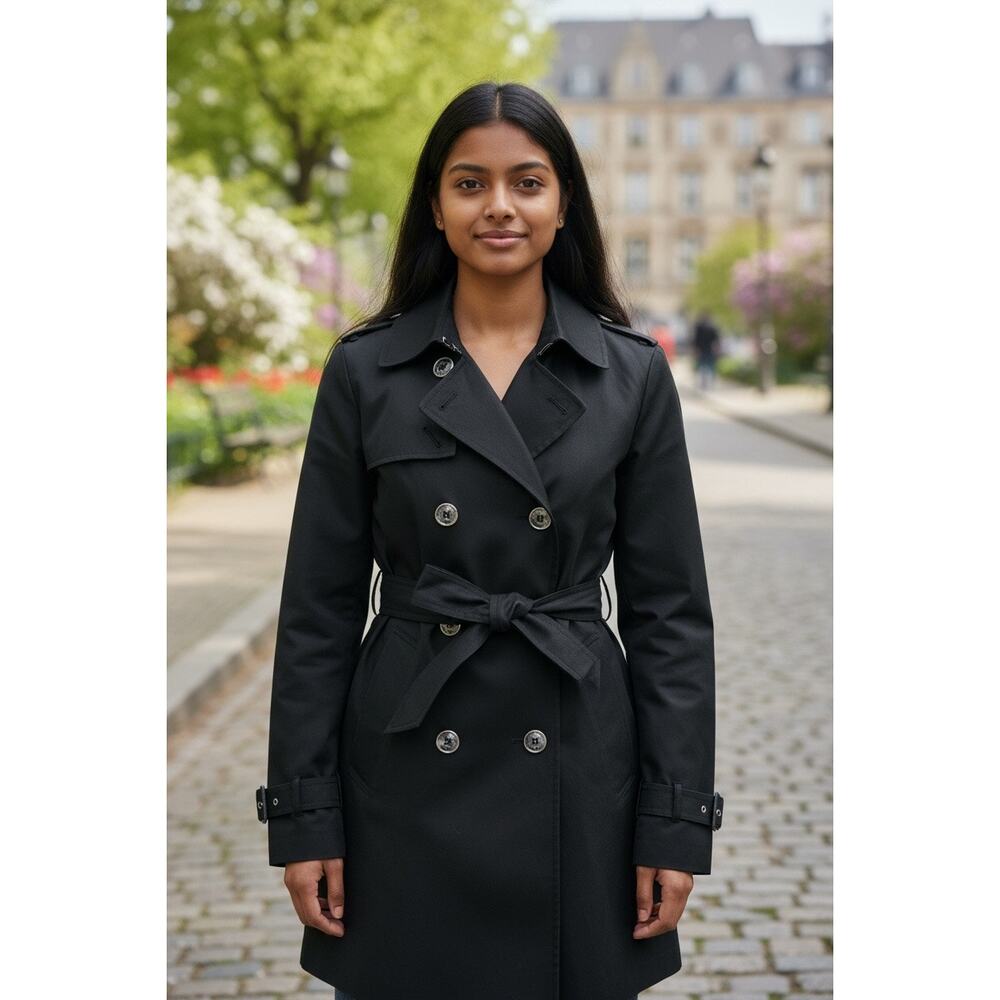 Express Black Double Breasted Trench Coat Medium Classic Polyester PTP 19”